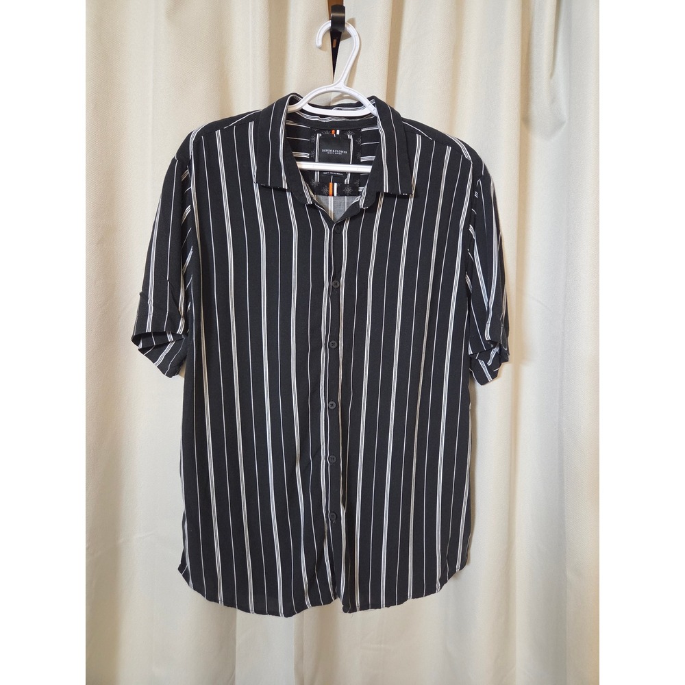 Denim & Flower Ricky Singh Mens XL Black White Striped Viscose SS Shirt